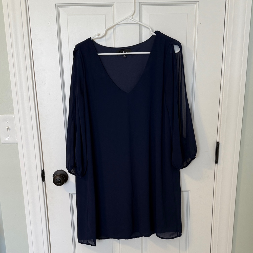 Lulu's Deep Blue V-Neck Blouse with Sleeve Cut-Outs